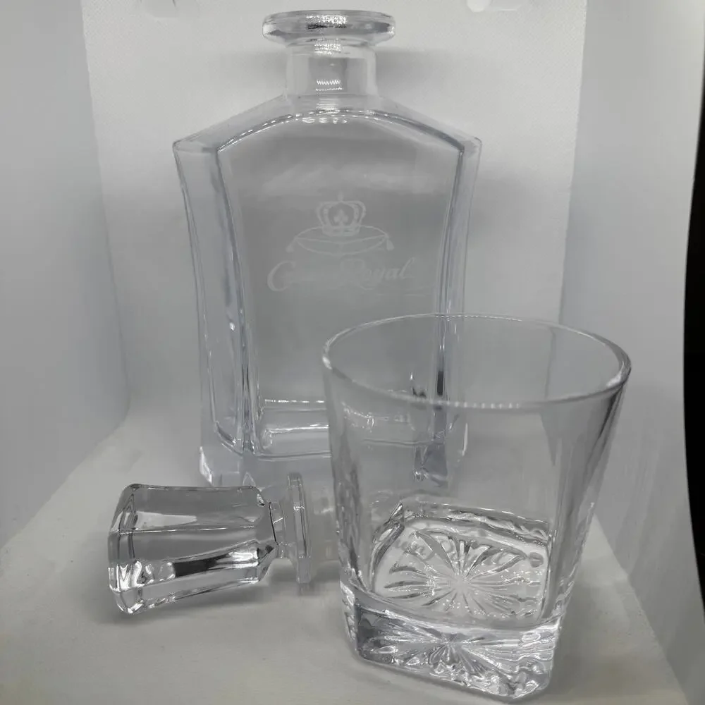 Official Crown Royal Etched Glass Decanter & Whiskey Glasses Set Barware